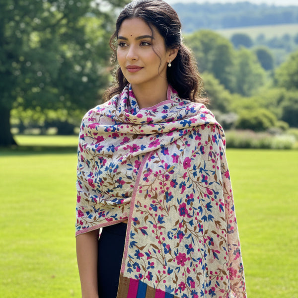 Cashmere Pashmina - Pink, Blue & Brown Florals