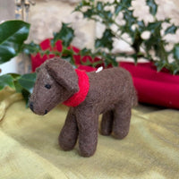 Handcrafted Felted Wool Dog - Brown with Red Scarf