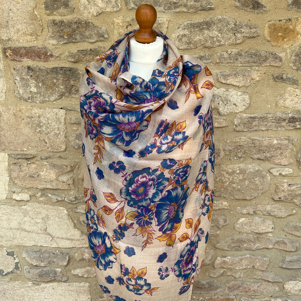 Cashmere Pashmina - Blue & Gold Floral