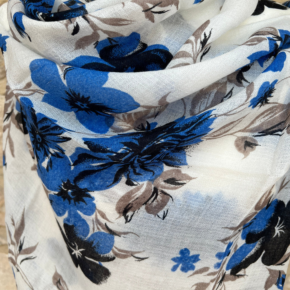 Cashmere Floral pashmina with blue and brown flowers on a white background