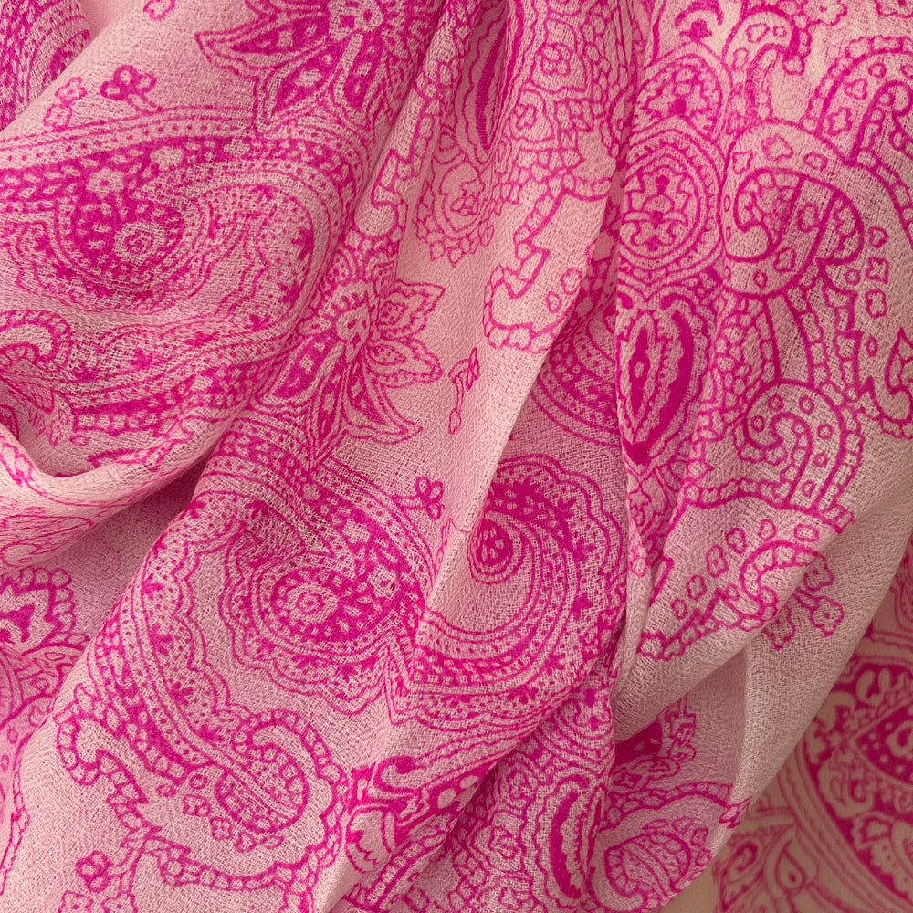 Close-up of pink paisley patterned cashmere pashmina