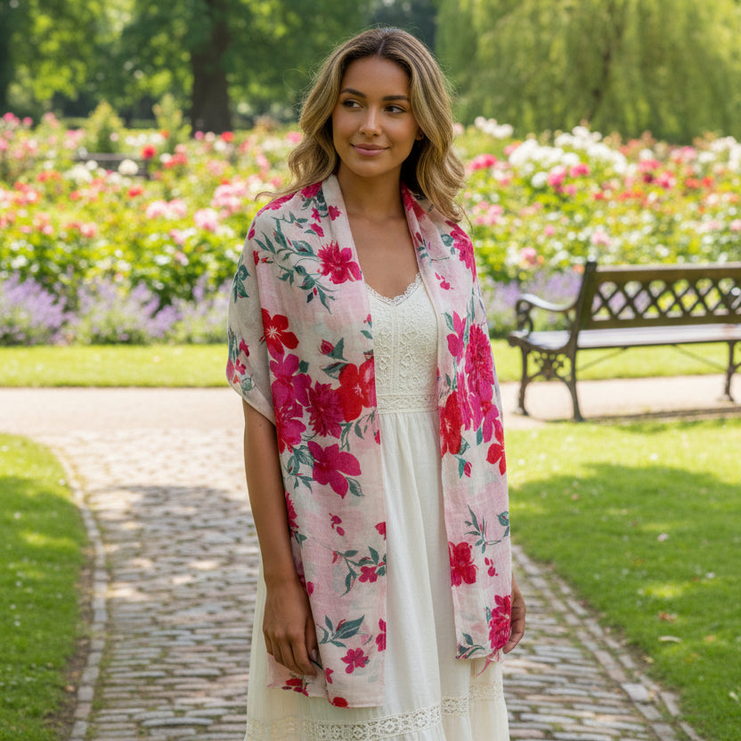 A Floral patterned cashmere pashmina scarf with red and pink flowers on a textured stone background
