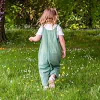Organic Handcrafted Cotton Dungarees - Green with Blue Stripe