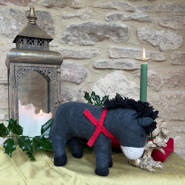 Handcrafted Felted Wool Donkey with a Red Scarf - Large