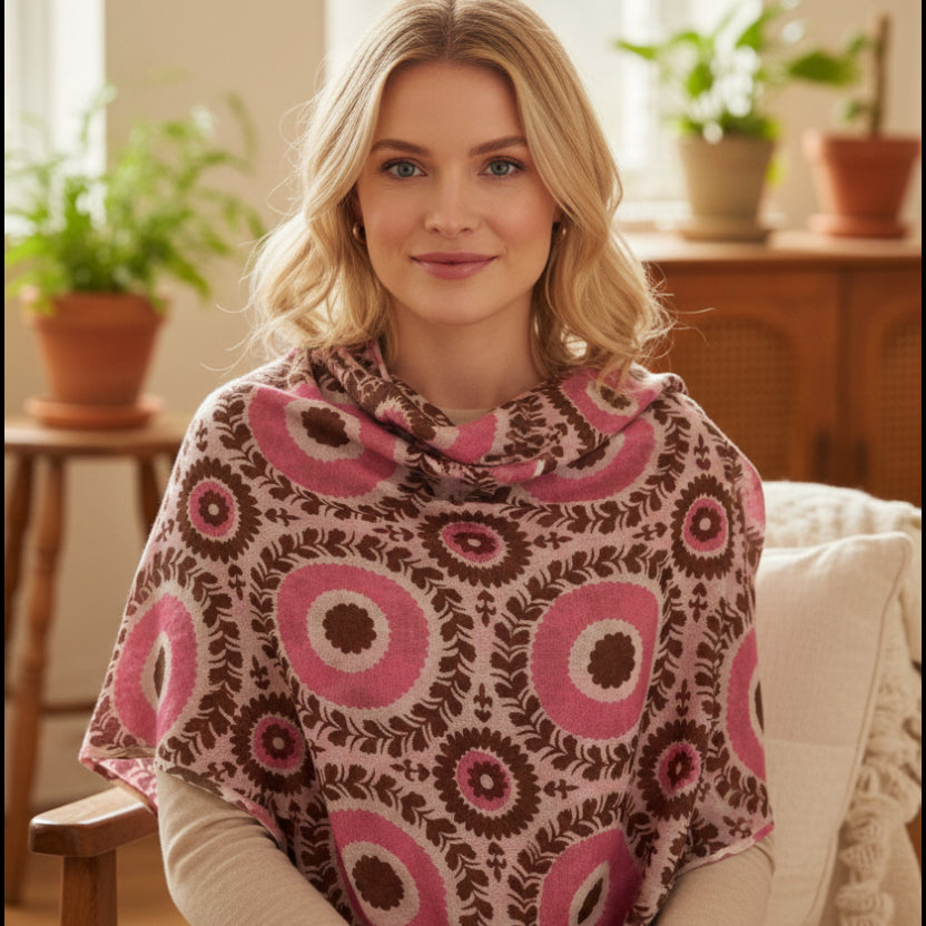 A cashmere pashmina with a pink and brown patterned against a stone wall background.