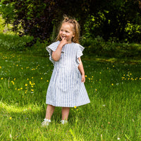 Girl's Cotton Dress - 'Butterfly' - Off White & Blue Stripe
