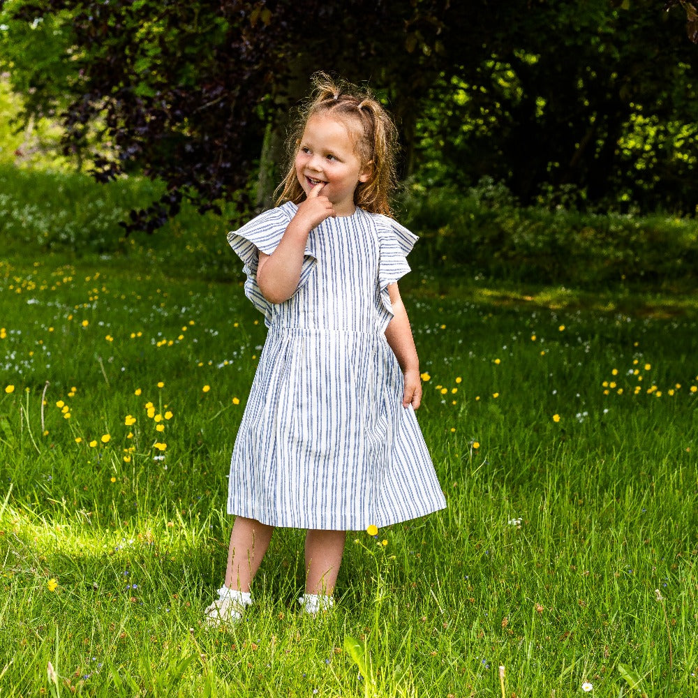 Girl&#39;s Cotton Dress - &#39;Butterfly&#39; - Off White &amp; Blue Stripe