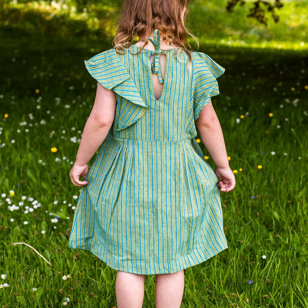 Girl&#39;s Cotton Dress - &#39;Butterfly&#39; - Green with Blue Stripe
