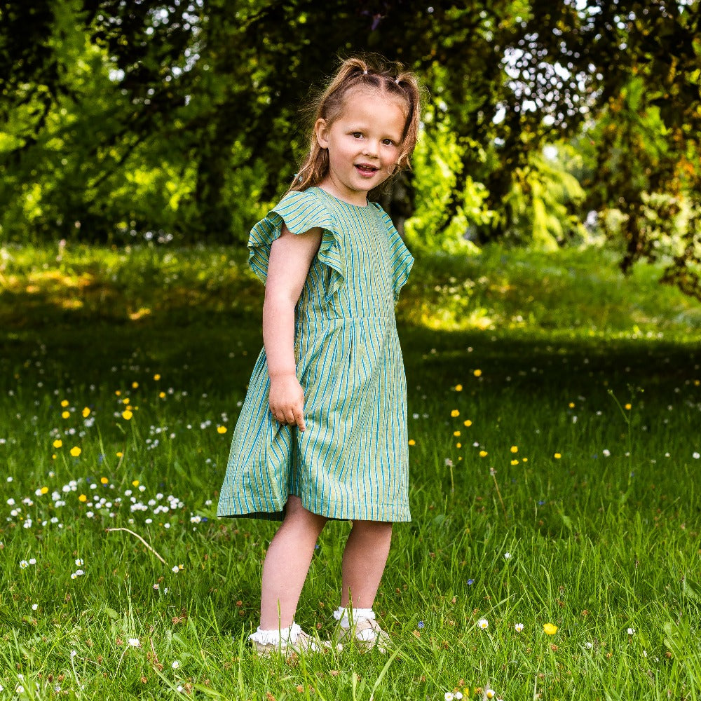Girl&#39;s Cotton Dress - &#39;Butterfly&#39; - Green with Blue Stripe