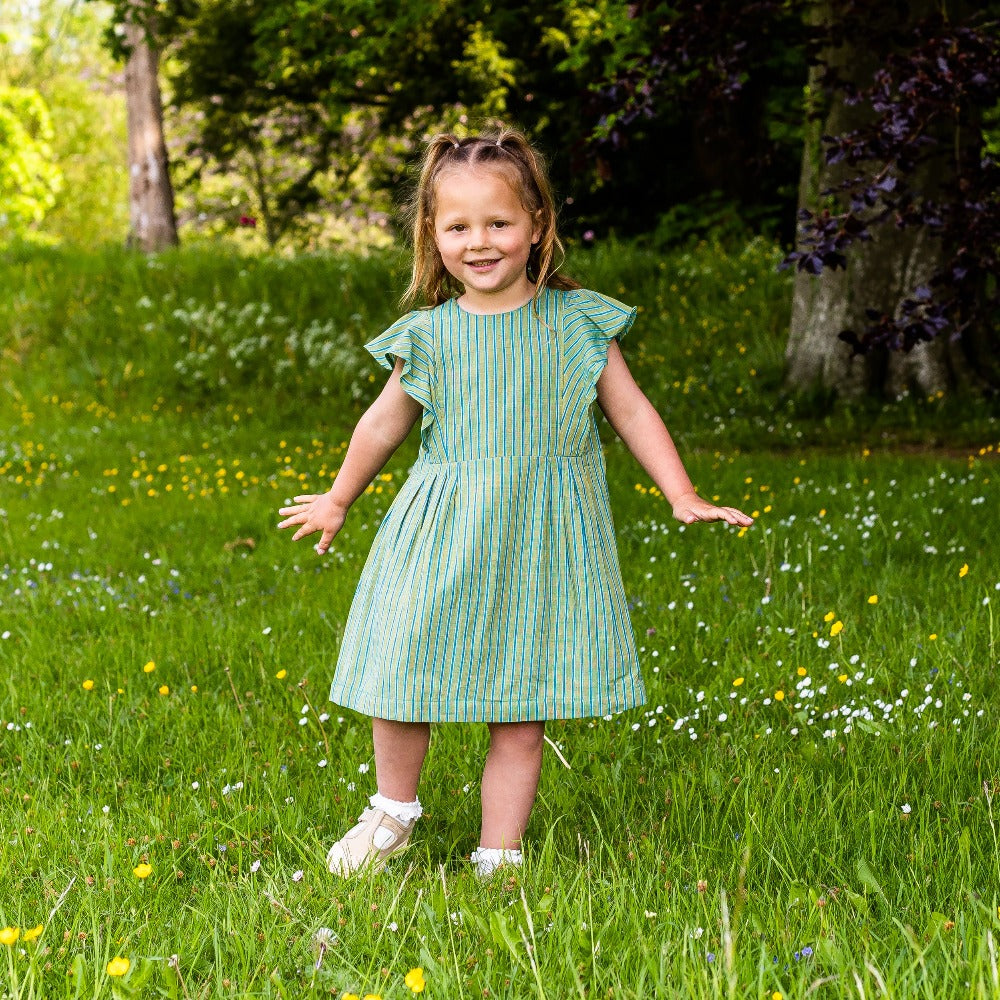 Girl&#39;s Cotton Dress - &#39;Butterfly&#39; - Green with Blue Stripe