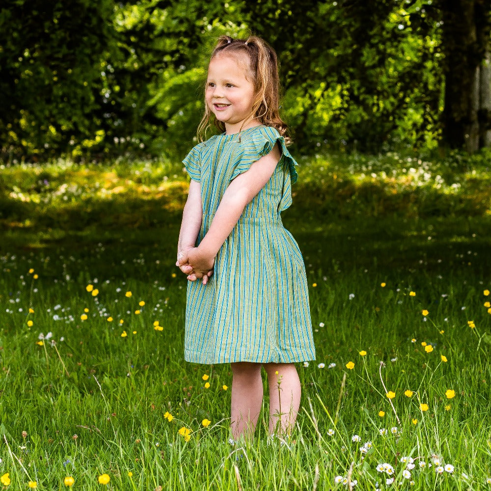 Girl&#39;s Cotton Dress - &#39;Butterfly&#39; - Green with Blue Stripe