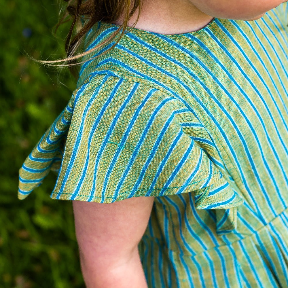 Girl&#39;s Cotton Dress - &#39;Butterfly&#39; - Green with Blue Stripe