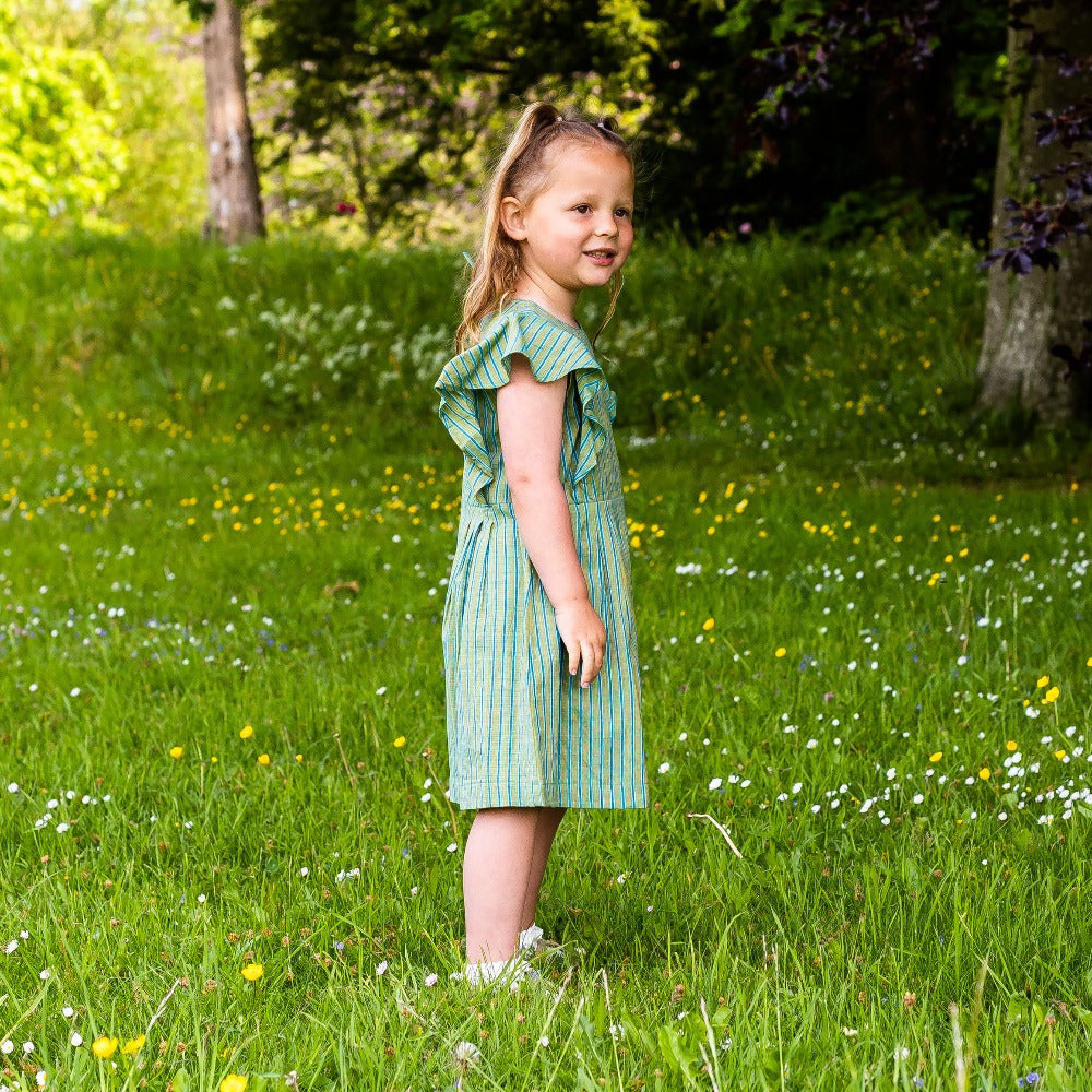 Girl&#39;s Cotton Dress - &#39;Butterfly&#39; - Green with Blue Stripe