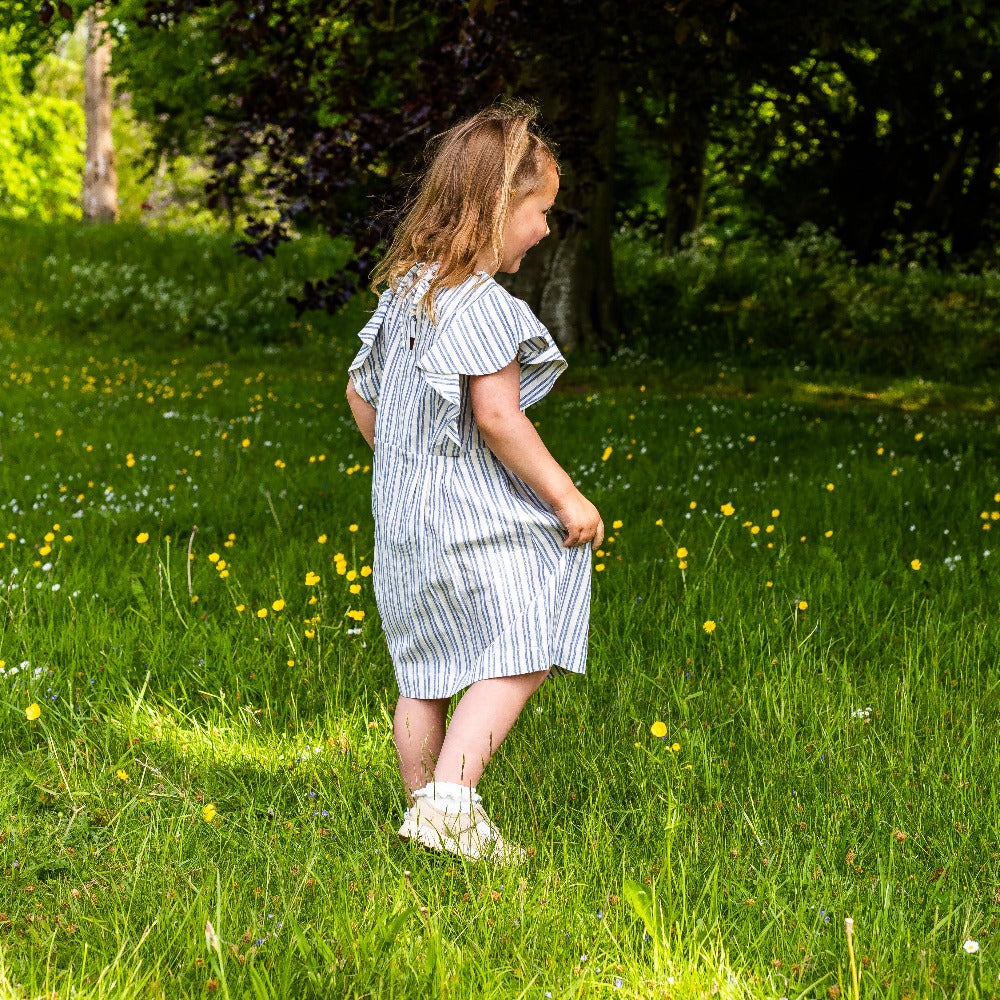 Girl&#39;s Cotton Dress - &#39;Butterfly&#39; - Off White &amp; Blue Stripe