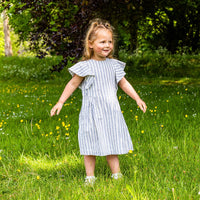 Girl's Cotton Dress - 'Butterfly' - Off White & Blue Stripe