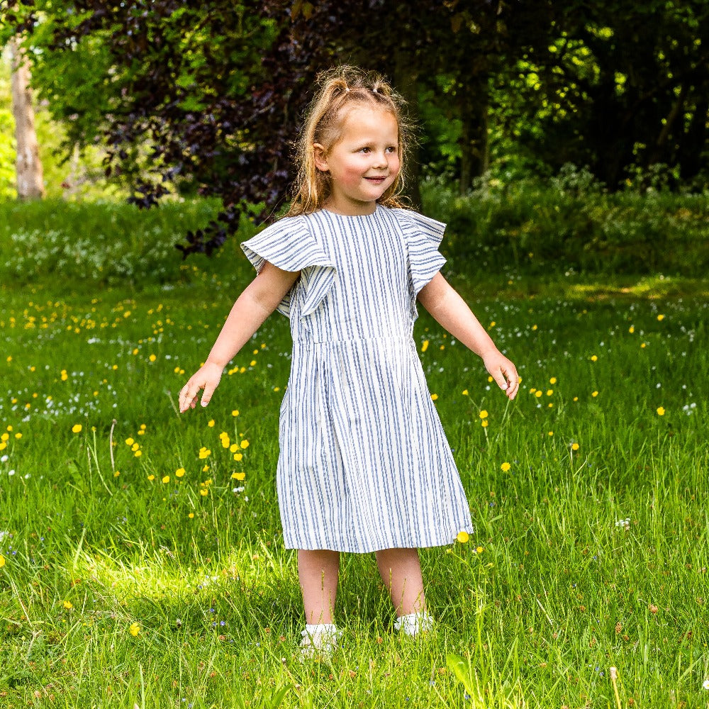 Girl&#39;s Cotton Dress - &#39;Butterfly&#39; - Off White &amp; Blue Stripe