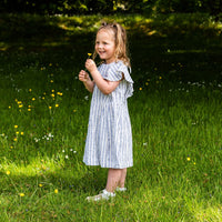 Girl's Cotton Dress - 'Butterfly' - Off White & Blue Stripe