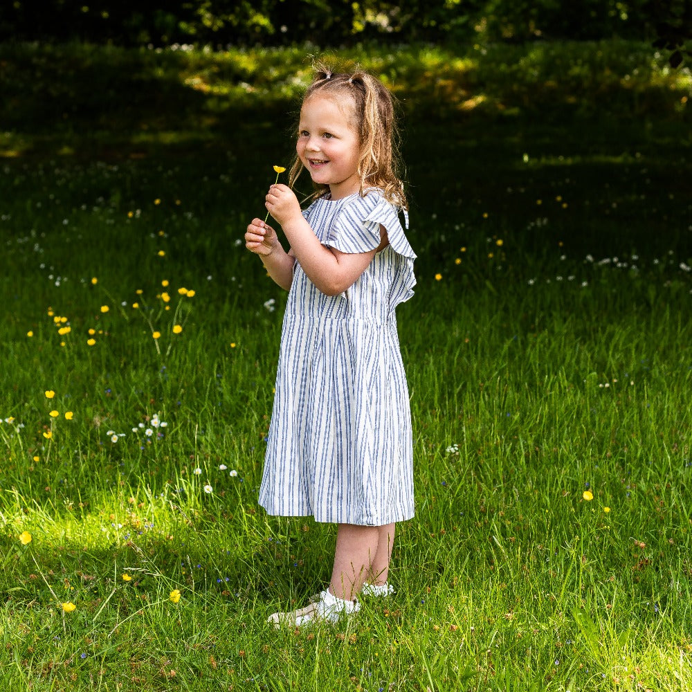 Girl&#39;s Cotton Dress - &#39;Butterfly&#39; - Off White &amp; Blue Stripe