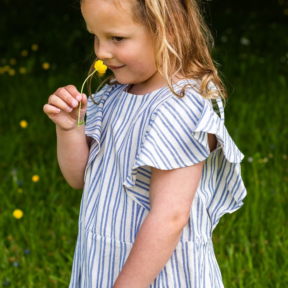 Girl's Cotton Dress - 'Butterfly' - Off White & Blue Stripe
