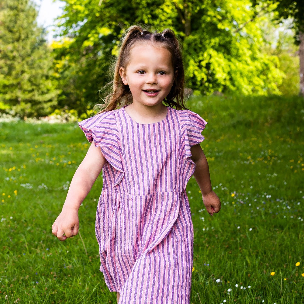 Girl&#39;s Cotton Dress - &#39;Butterfly&#39; - Pink &amp; Raspberry Stripe