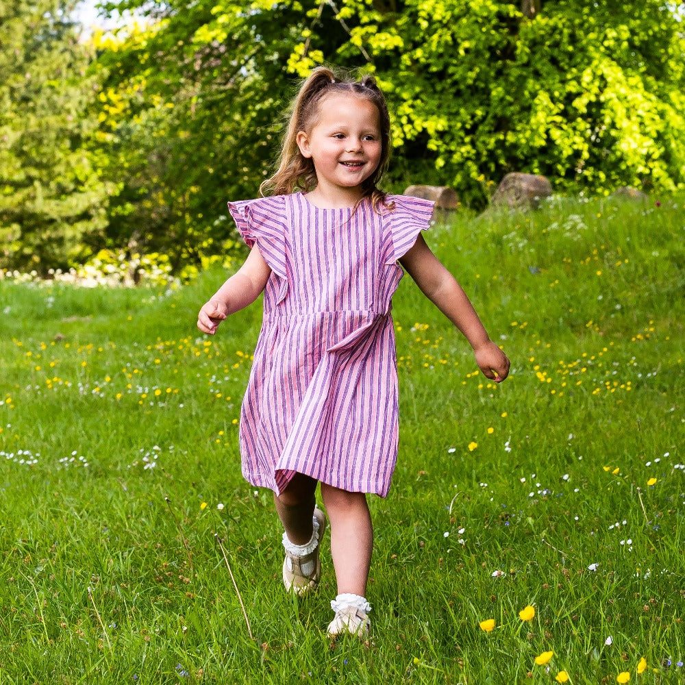 Girl&#39;s Cotton Dress - &#39;Butterfly&#39; - Pink &amp; Raspberry Stripe
