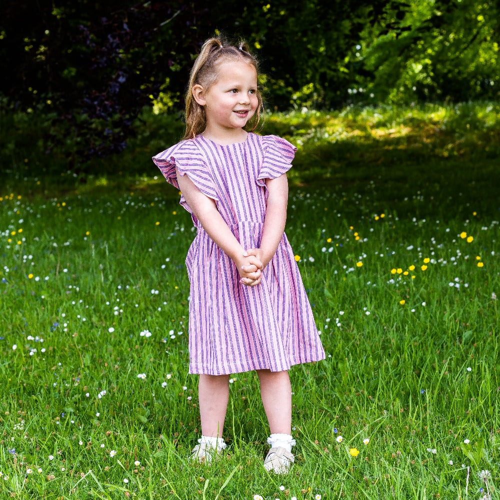 Girl's Cotton Dress - 'Butterfly' - Pink & Raspberry Stripe
