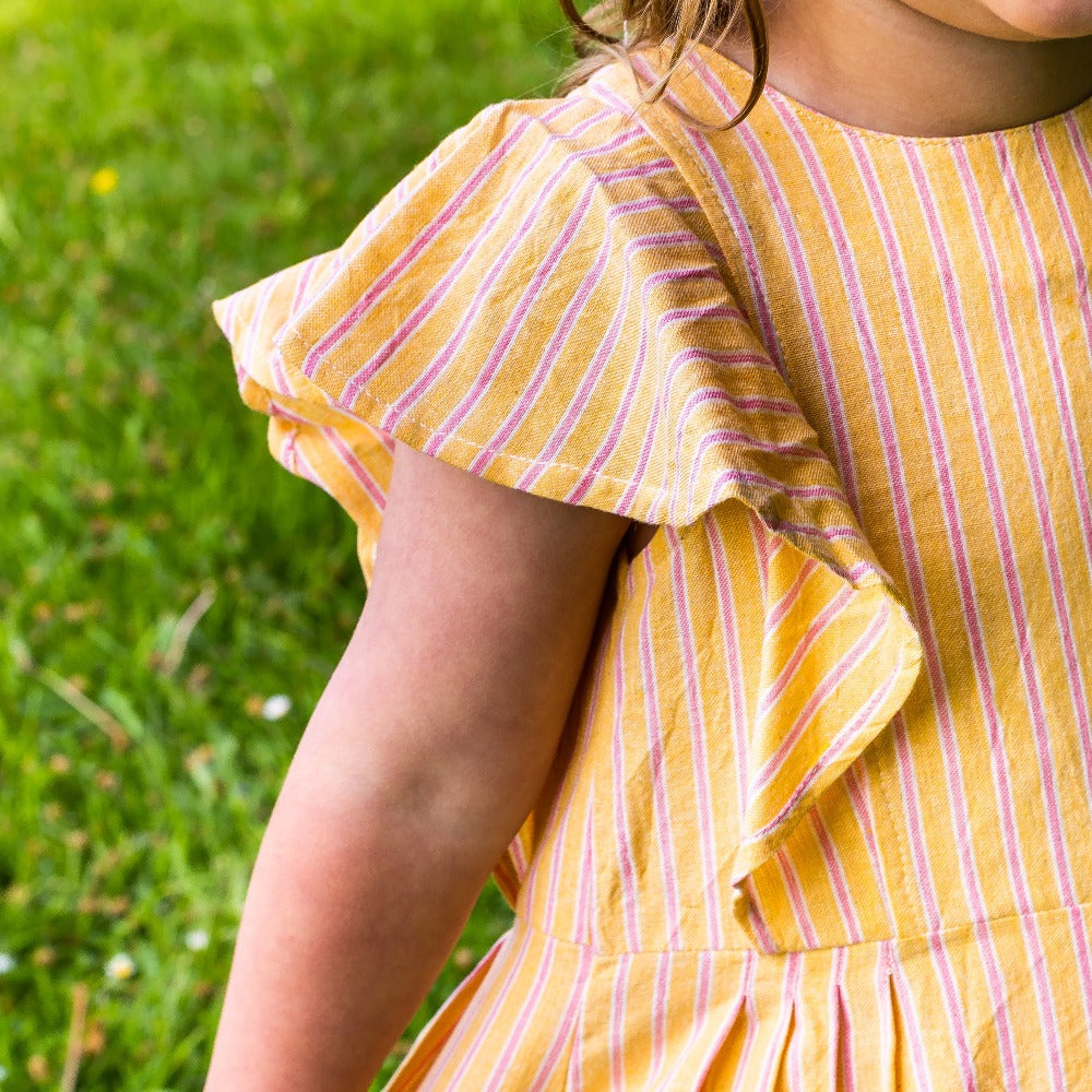 Girl&#39;s Cotton Dress - &#39;Butterfly&#39; - Yellow with Pink Stripe