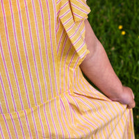 Girl's Cotton Dress - 'Butterfly' - Yellow with Pink Stripe