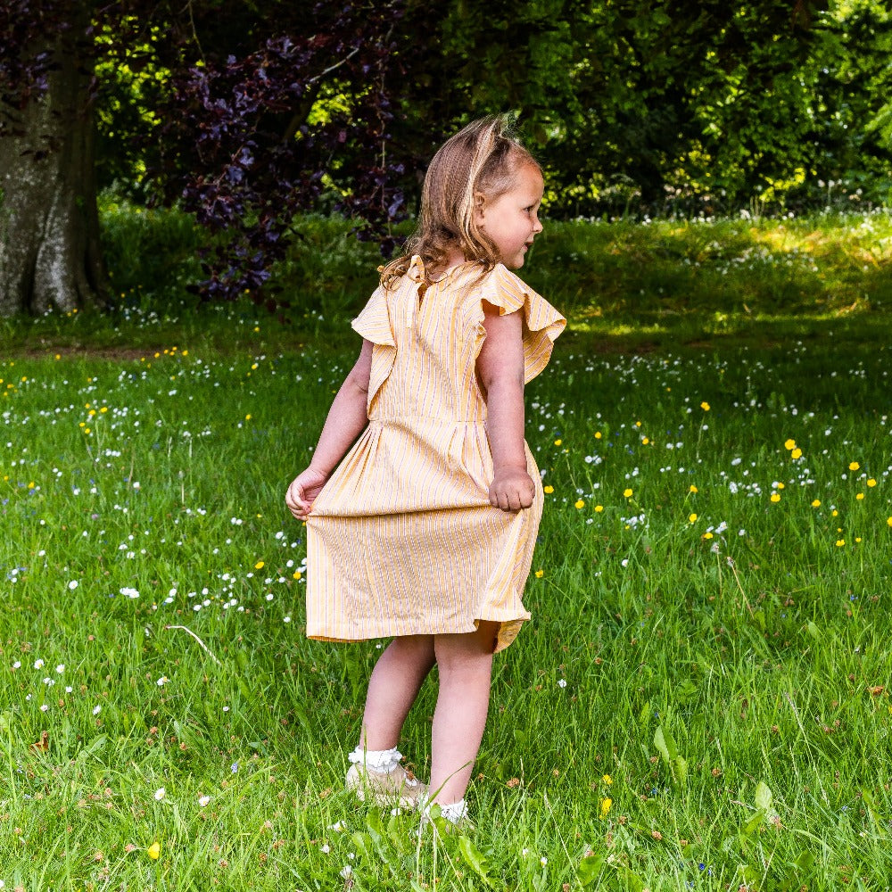 Girl&#39;s Cotton Dress - &#39;Butterfly&#39; - Yellow with Pink Stripe