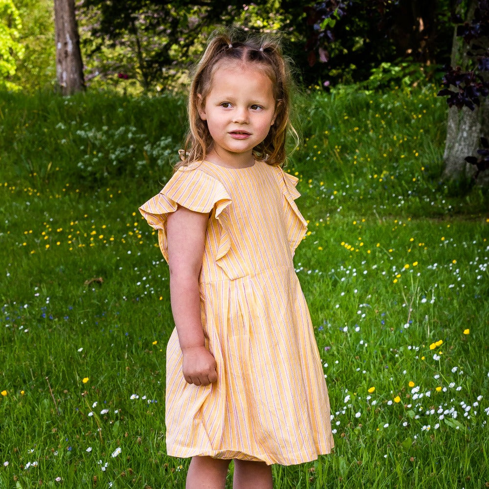 Girl&#39;s Cotton Dress - &#39;Butterfly&#39; - Yellow with Pink Stripe