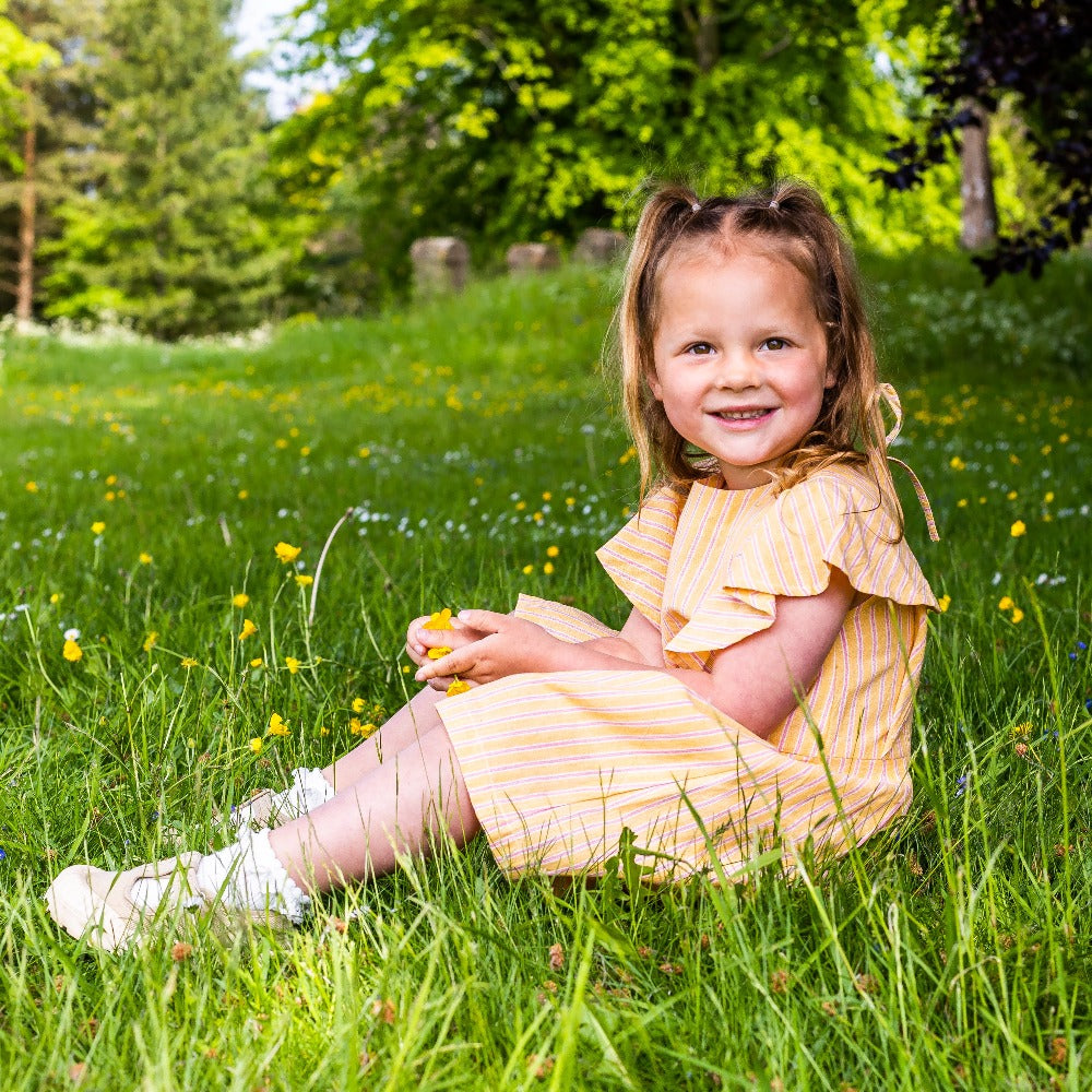Girl's Cotton Dress - 'Butterfly' - Yellow with Pink Stripe