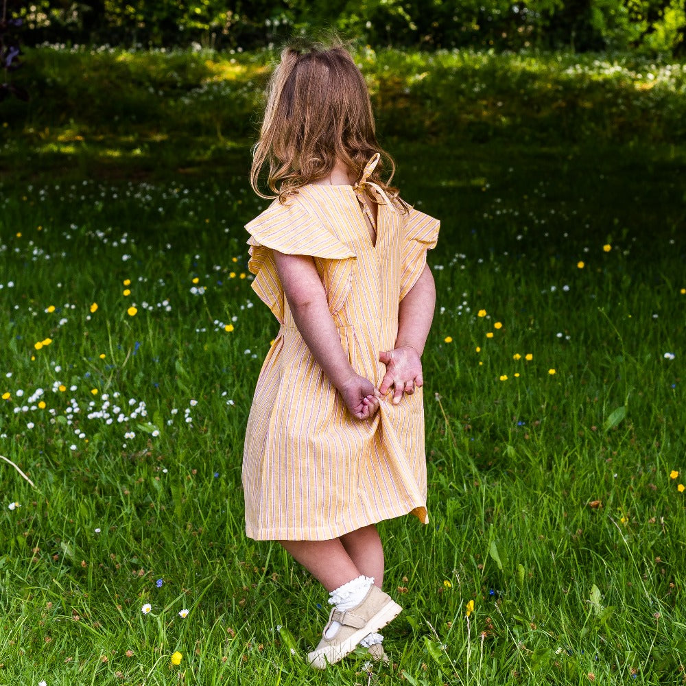 Girl&#39;s Cotton Dress - &#39;Butterfly&#39; - Yellow with Pink Stripe