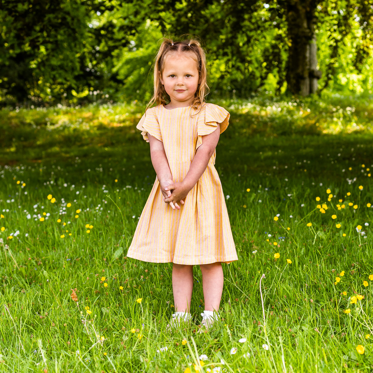 Girl&#39;s Cotton Dress - &#39;Butterfly&#39; - Yellow with Pink Stripe