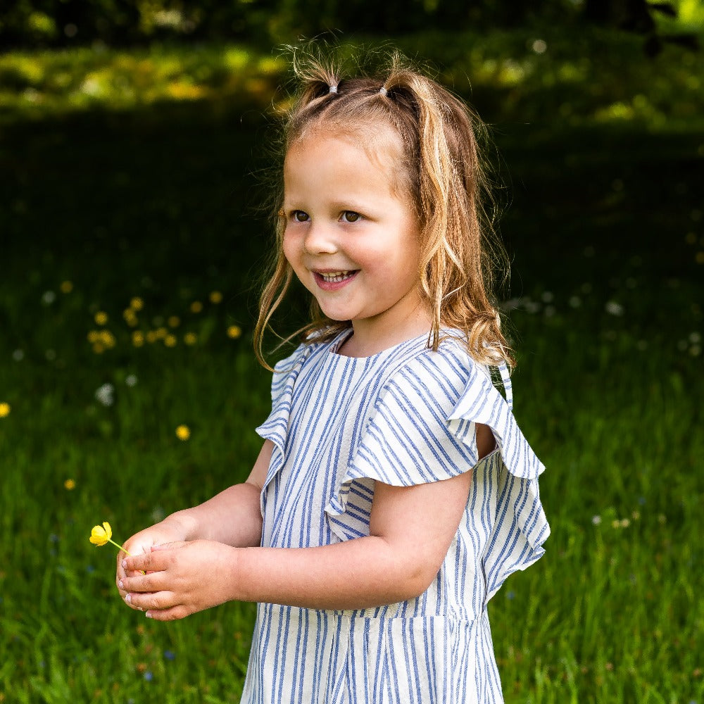 Girl&#39;s Cotton Dress - &#39;Butterfly&#39; - Off White &amp; Blue Stripe
