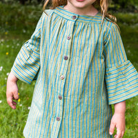 Girls Cotton Tunic Dress - with Matching Hair Band - Green with Blue Stripe