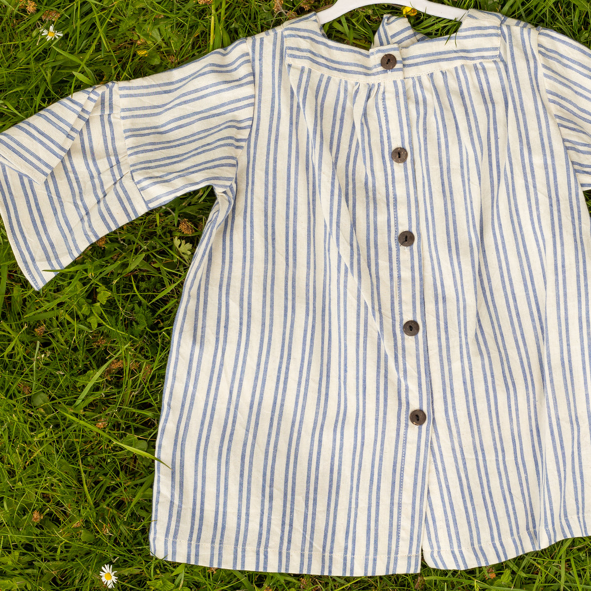 Girls Cotton Tunic Dress with Matching Hair Band - Off White with Blue Stripe