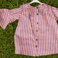 Girls Cotton Tunic Dress - with Matching Hair Band - Green with Blue Stripe