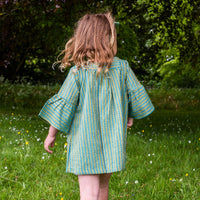 Girls Cotton Tunic Dress - with Matching Hair Band - Green with Blue Stripe