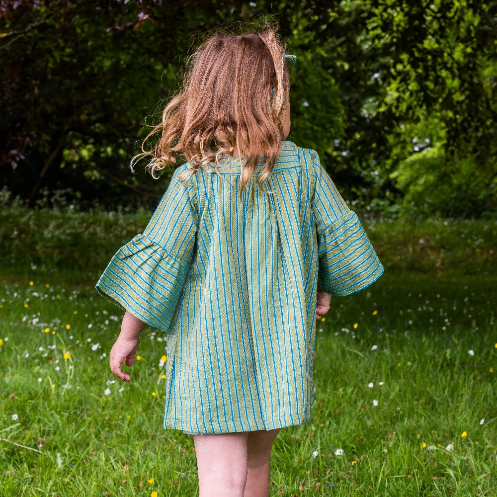 Girls Cotton Tunic Dress with Matching Hair Band - Green with Blue Stripe