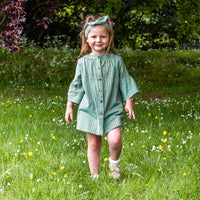 Girls Cotton Tunic Dress - with Matching Hair Band - Green with Blue Stripe