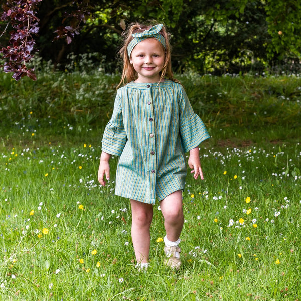 Girls Cotton Tunic Dress - with Matching Hair Band - Green with Blue Stripe