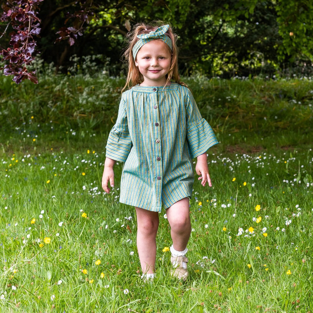 Girls Cotton Tunic Dress with Matching Hair Band - Green with Blue Stripe