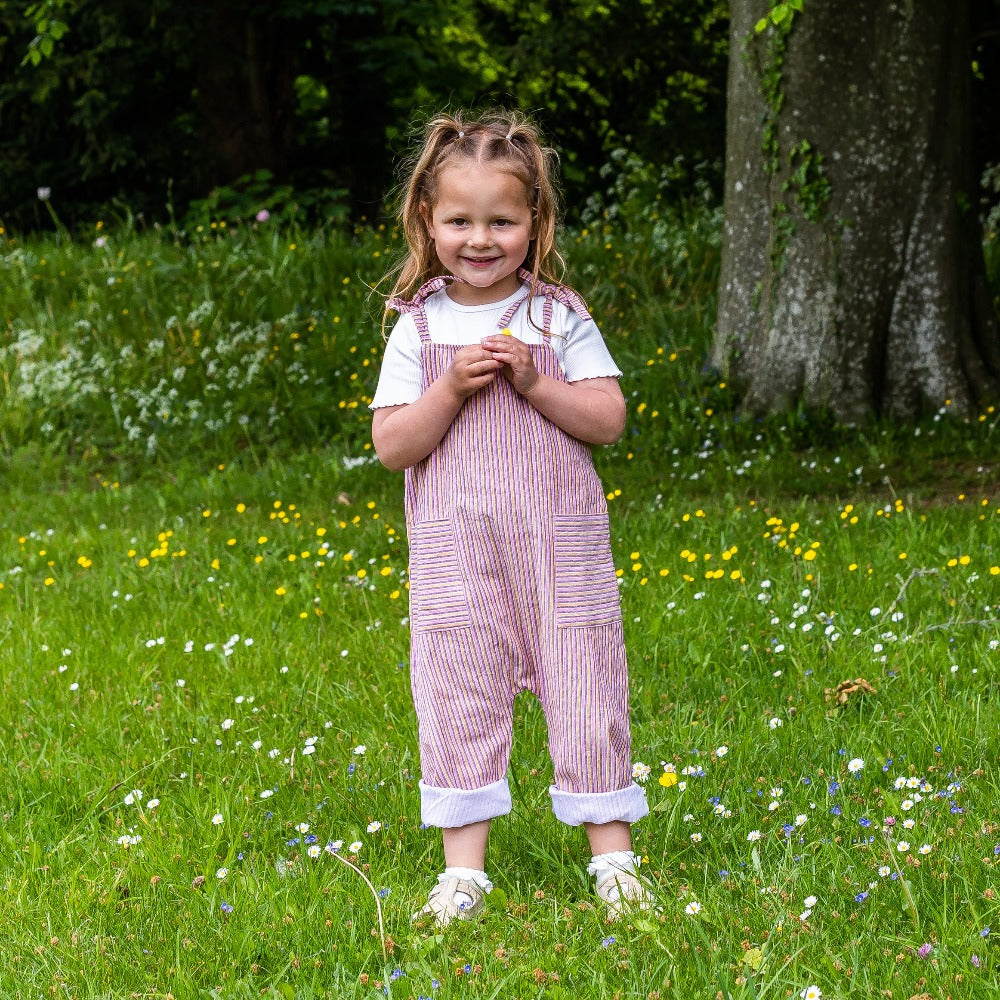Girls Organic Cotton Dungarees - Fun, Breathable and Durable - Pink, Yellow and Purple Stripe