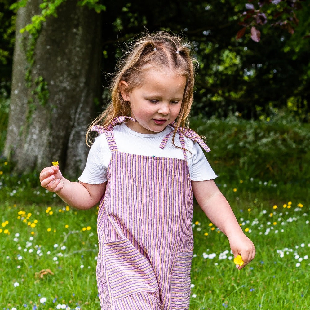 Girls Organic Cotton Dungarees - Fun, Breathable and Durable - Pink, Yellow and Purple Stripe