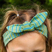 Girls Cotton Tunic Dress - with Matching Hair Band - Green with Blue Stripe