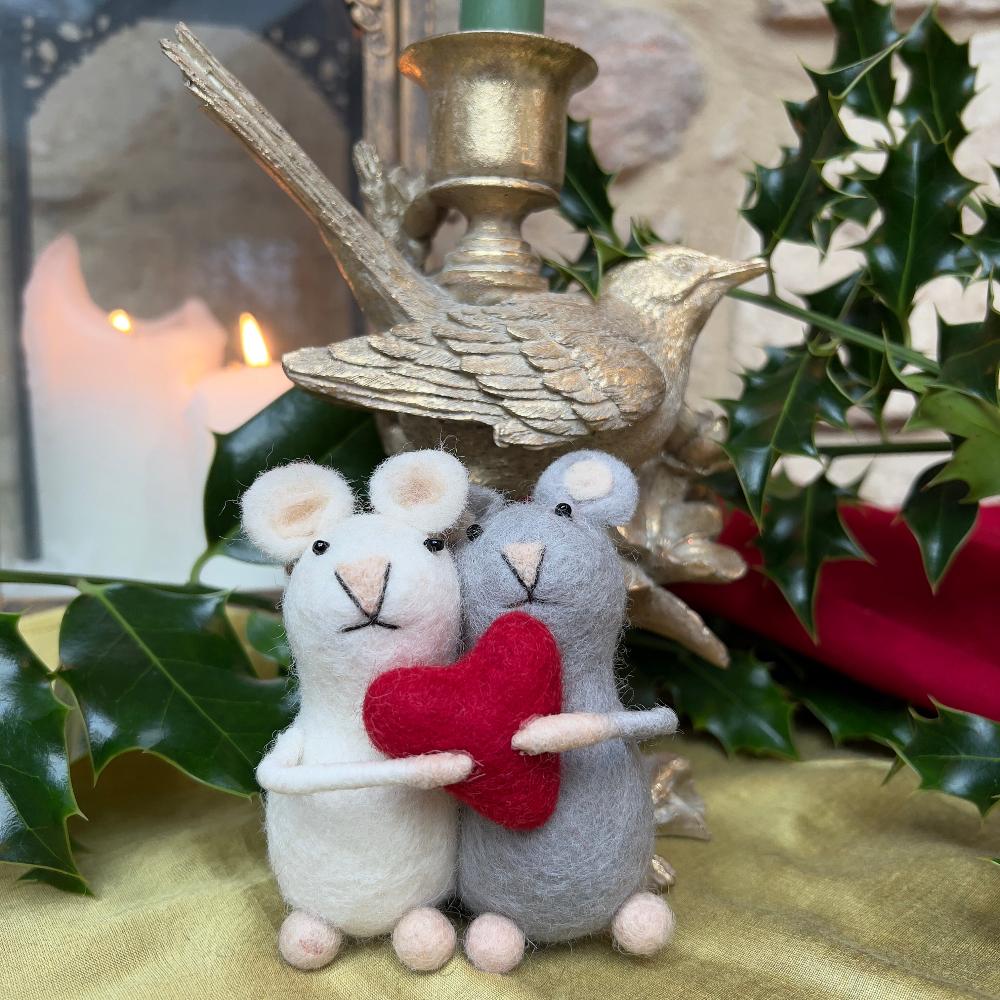 Handcrafted Felted Wool  Mice- Love is in the Air Mice Couple