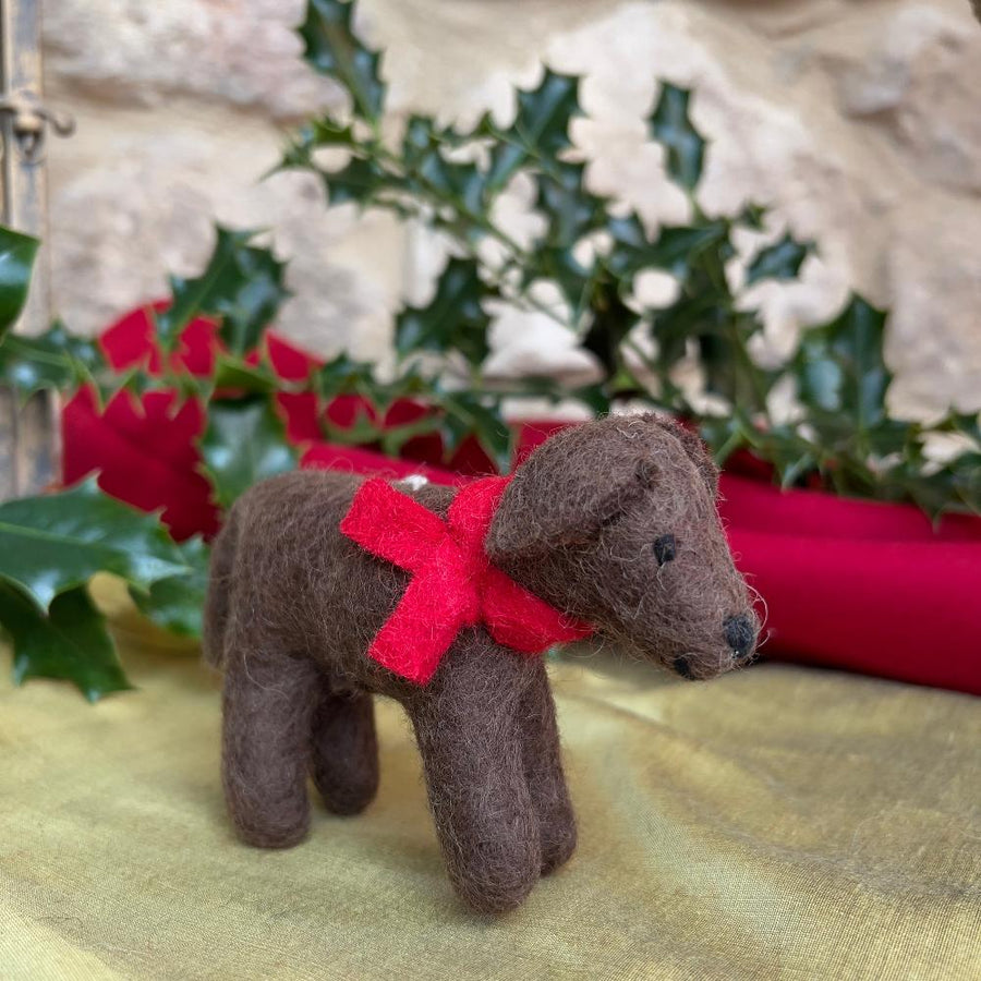 Handcrafted Felted Wool Dog - Brown with Red Scarf