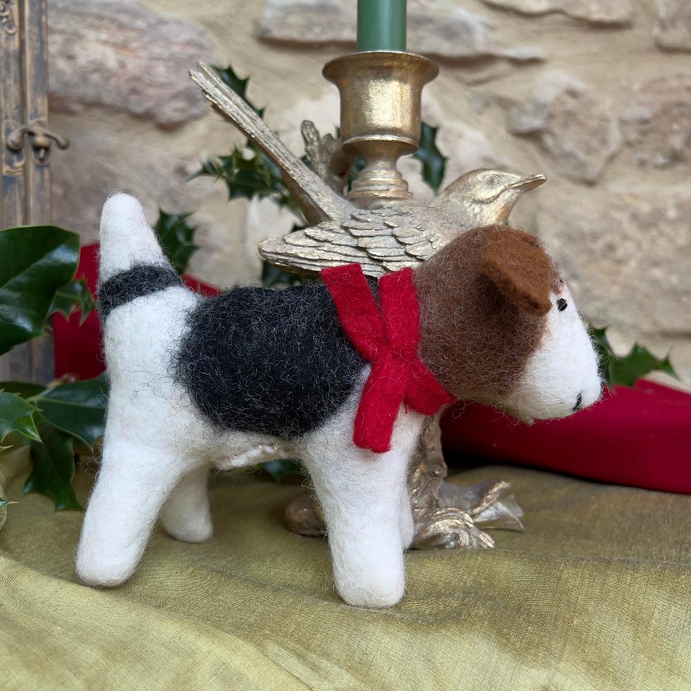 Handcrafted Felted Wool Patch Dog with Red Scarf 