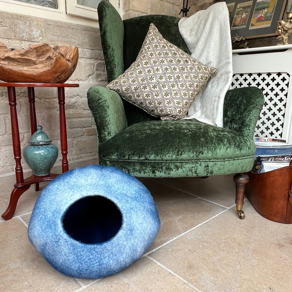 Handcrafted Pure Felted Wool Pet Cave - Blue