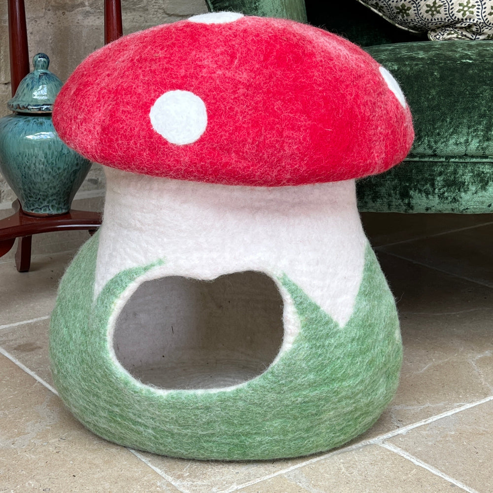 This charming toadstool-shaped felted wool cave is your pet's dream hideaway!

Handcrafted from 100% pure New Zealand wool and coloured with natural dyes, it's soft, warm, and wonderfully breathable—perfect for cosy naps. Beyond being a snug pet bed, it doubles as quirky room décor or handy storage that folds away easily.&nbsp;

Ethically made by a small family business using sustainable, chemical-free practices. Shown against a green velvet armchair on a stone floor with a cashmere blanket and magazines.